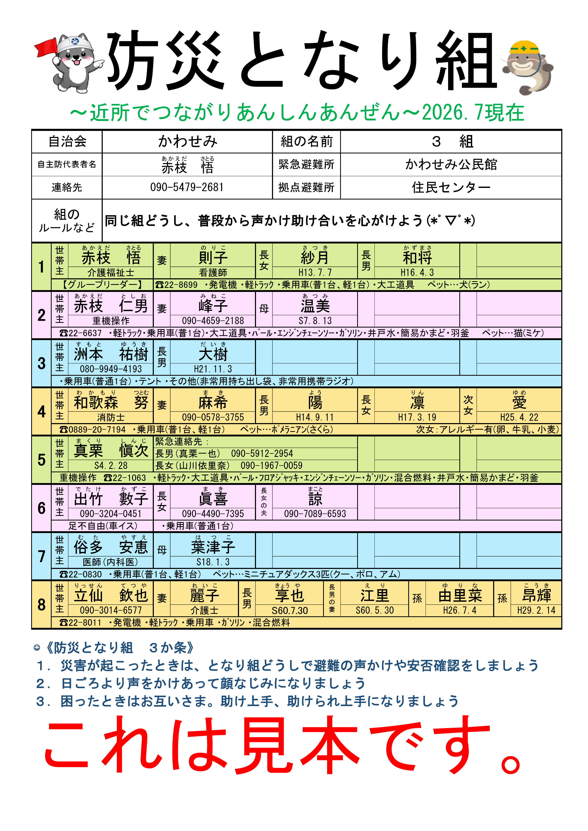 防災となり組の名簿イメージ(架空データの見本)